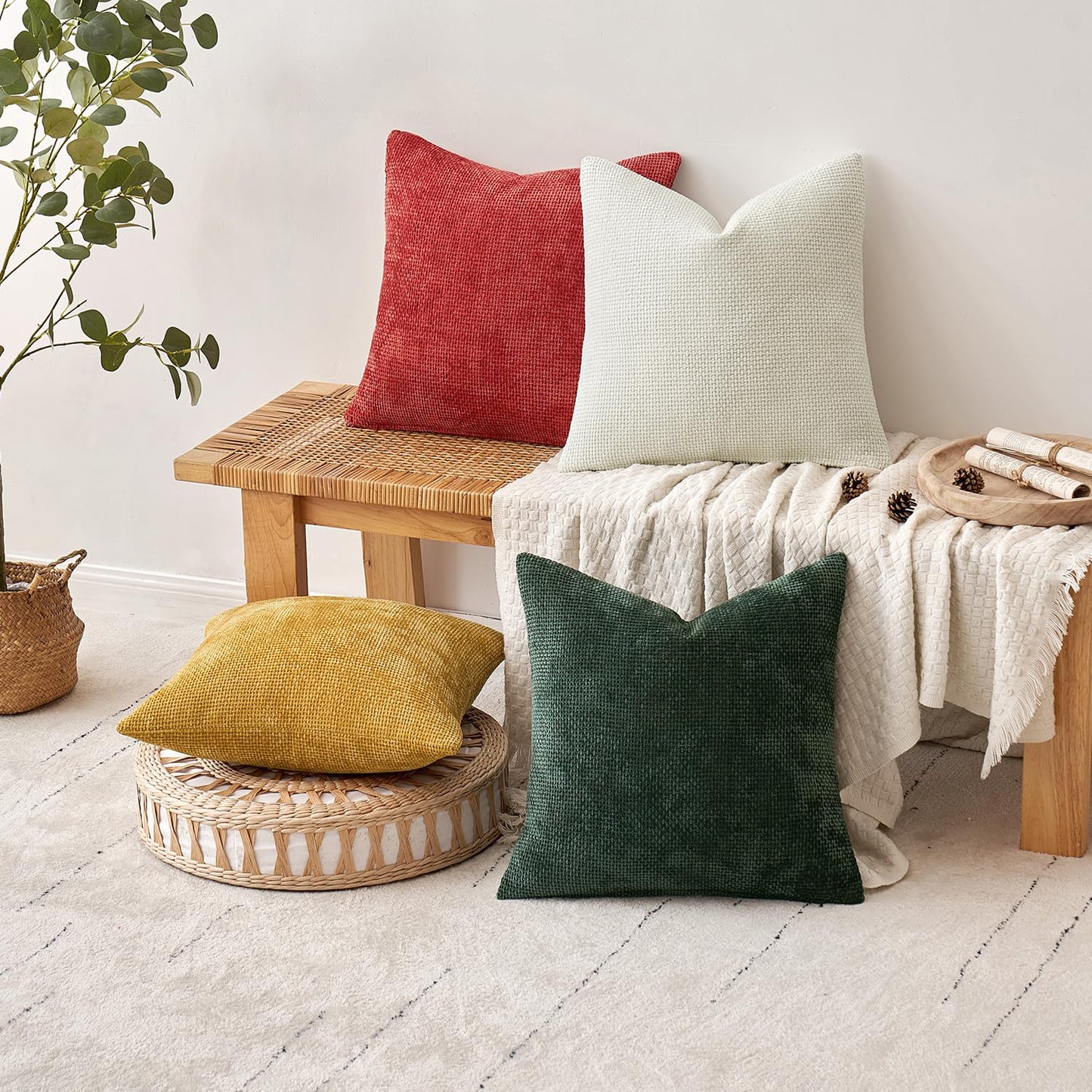 MIULEE Pack of 4 Couch Throw Pillow Covers 18x18 Inch Neutral Soft Decorative Chenille Pillow Covers Farmhouse Boho Cushion Covers for Mid Century Modern Home Decor Sofa Bedroom Living Room