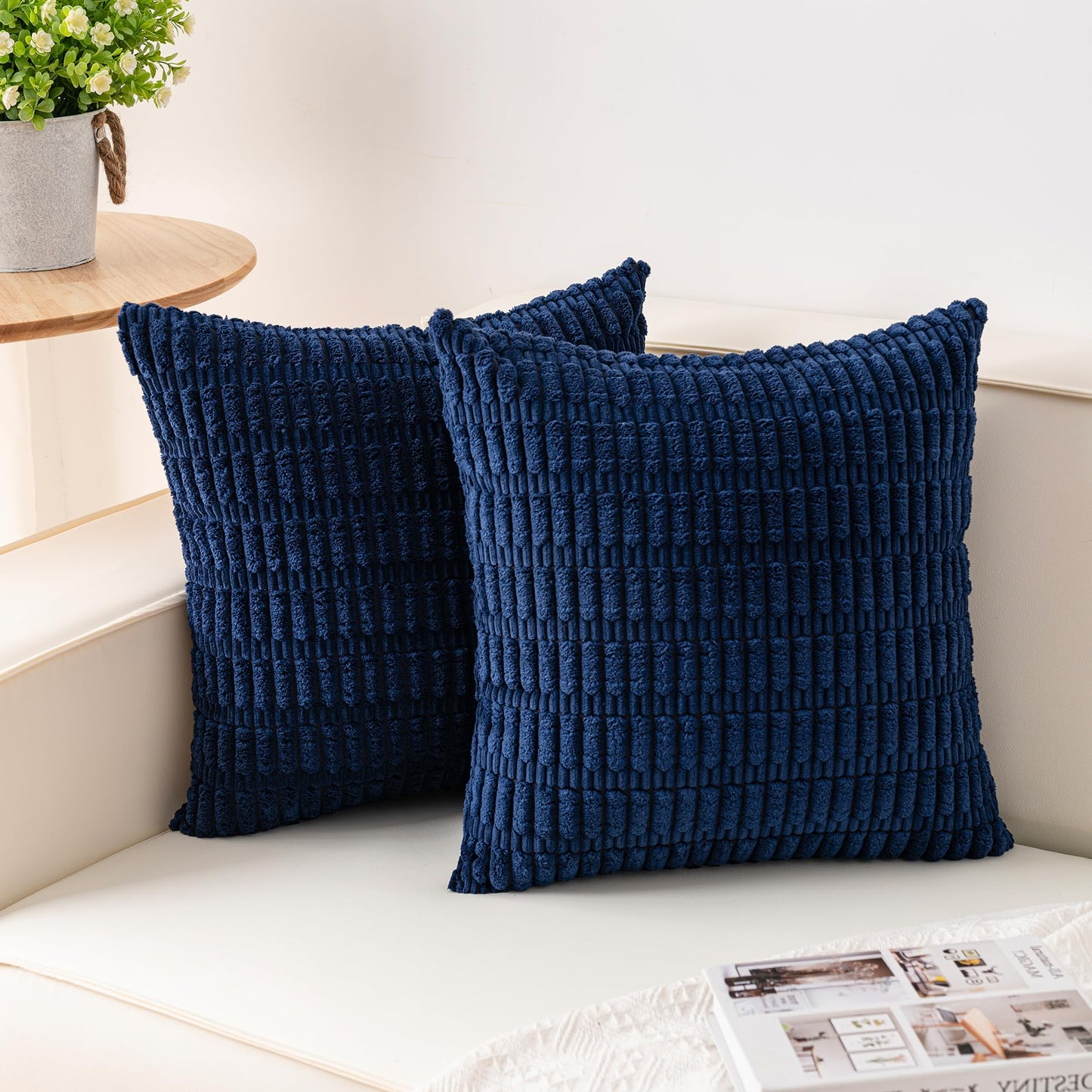 Pack of 2 Corduroy Decorative Throw Pillow Covers 18x18 Inch Soft Striped Pillow Covers Modern Farmhouse Home Decor for Sofa Living Room Couch Bed(Cream White)