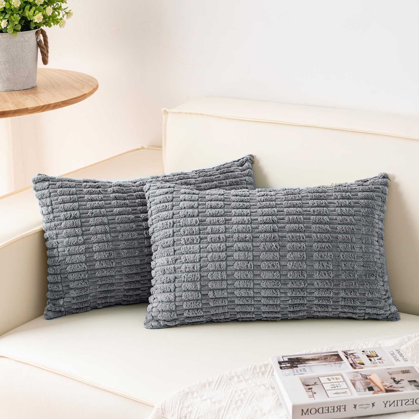 Pack of 2 Corduroy Decorative Throw Pillow Covers 18x18 Inch Soft Striped Pillow Covers Modern Farmhouse Home Decor for Sofa Living Room Couch Bed(Cream White)