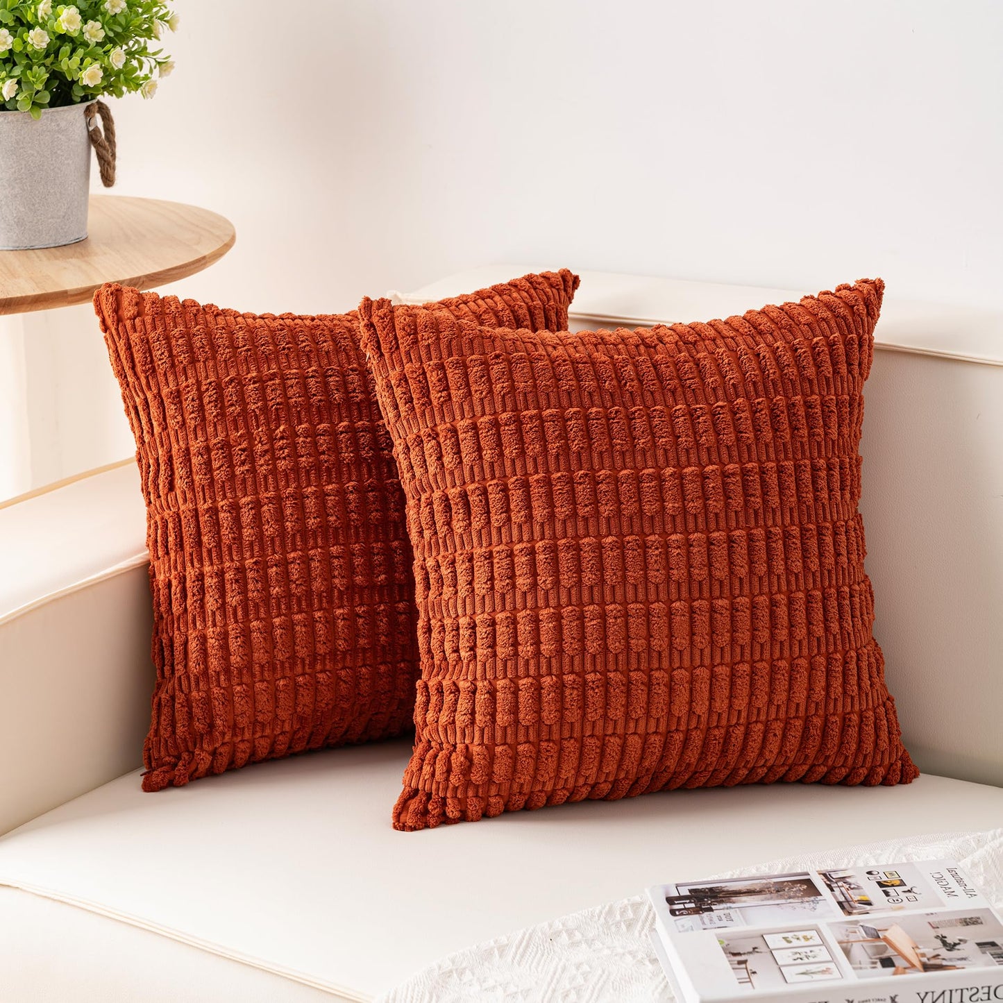 Pack of 2 Corduroy Decorative Throw Pillow Covers 18x18 Inch Soft Striped Pillow Covers Modern Farmhouse Home Decor for Sofa Living Room Couch Bed(Cream White)