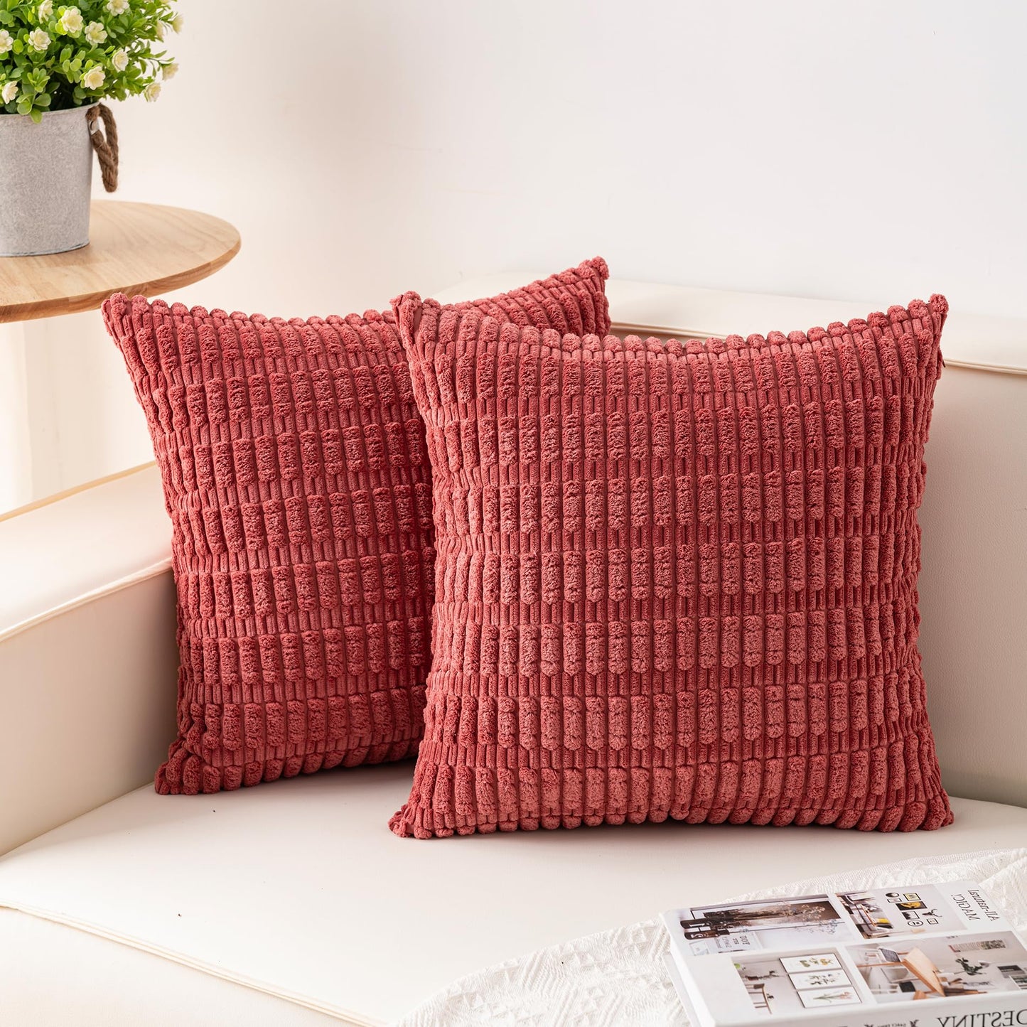 Pack of 2 Corduroy Decorative Throw Pillow Covers 18x18 Inch Soft Striped Pillow Covers Modern Farmhouse Home Decor for Sofa Living Room Couch Bed(Cream White)