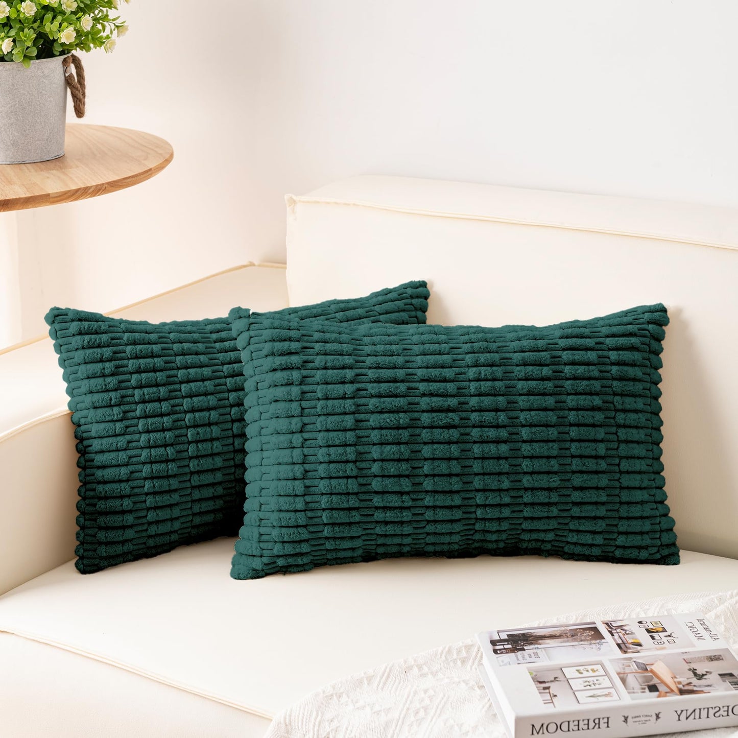 Pack of 2 Corduroy Decorative Throw Pillow Covers 18x18 Inch Soft Striped Pillow Covers Modern Farmhouse Home Decor for Sofa Living Room Couch Bed(Cream White)