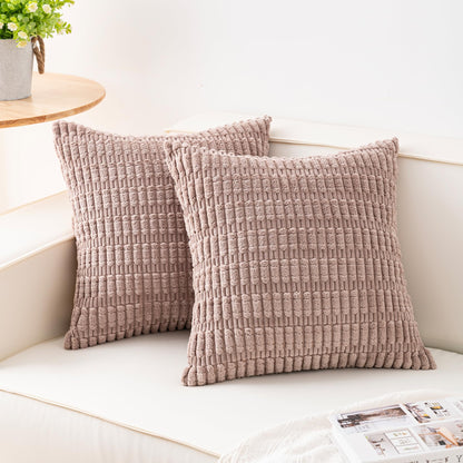 Pack of 2 Corduroy Decorative Throw Pillow Covers 18x18 Inch Soft Striped Pillow Covers Modern Farmhouse Home Decor for Sofa Living Room Couch Bed(Cream White)